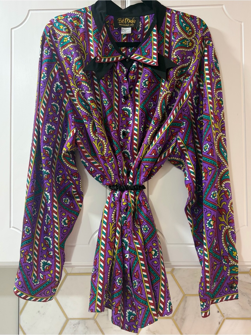 Vintage Bob Mackie Wearable Art 100% Silk Paisley Blouse 3X Jewel Tone Tie Neck